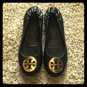 Tory Burch Gold Medallion Black Flats